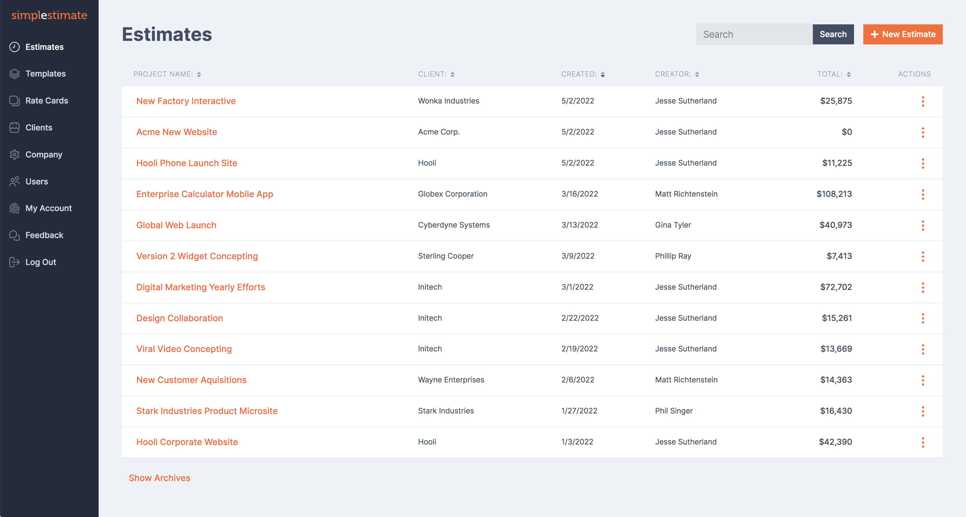 screenshot of Simple Estimate